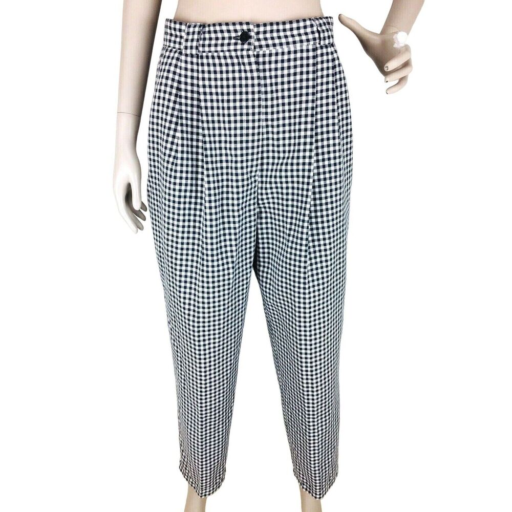 Vintage 70s 80s BLK/WHT Gingham Check High-Waist Pleated Tapered Mom Pants